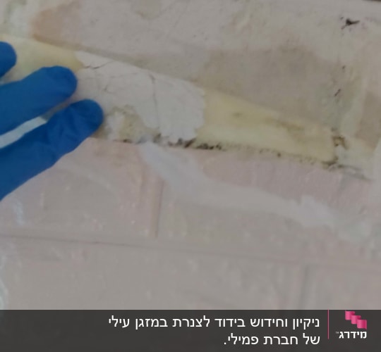 יד בכפפה כחולה מתקנת קיר עם טיח